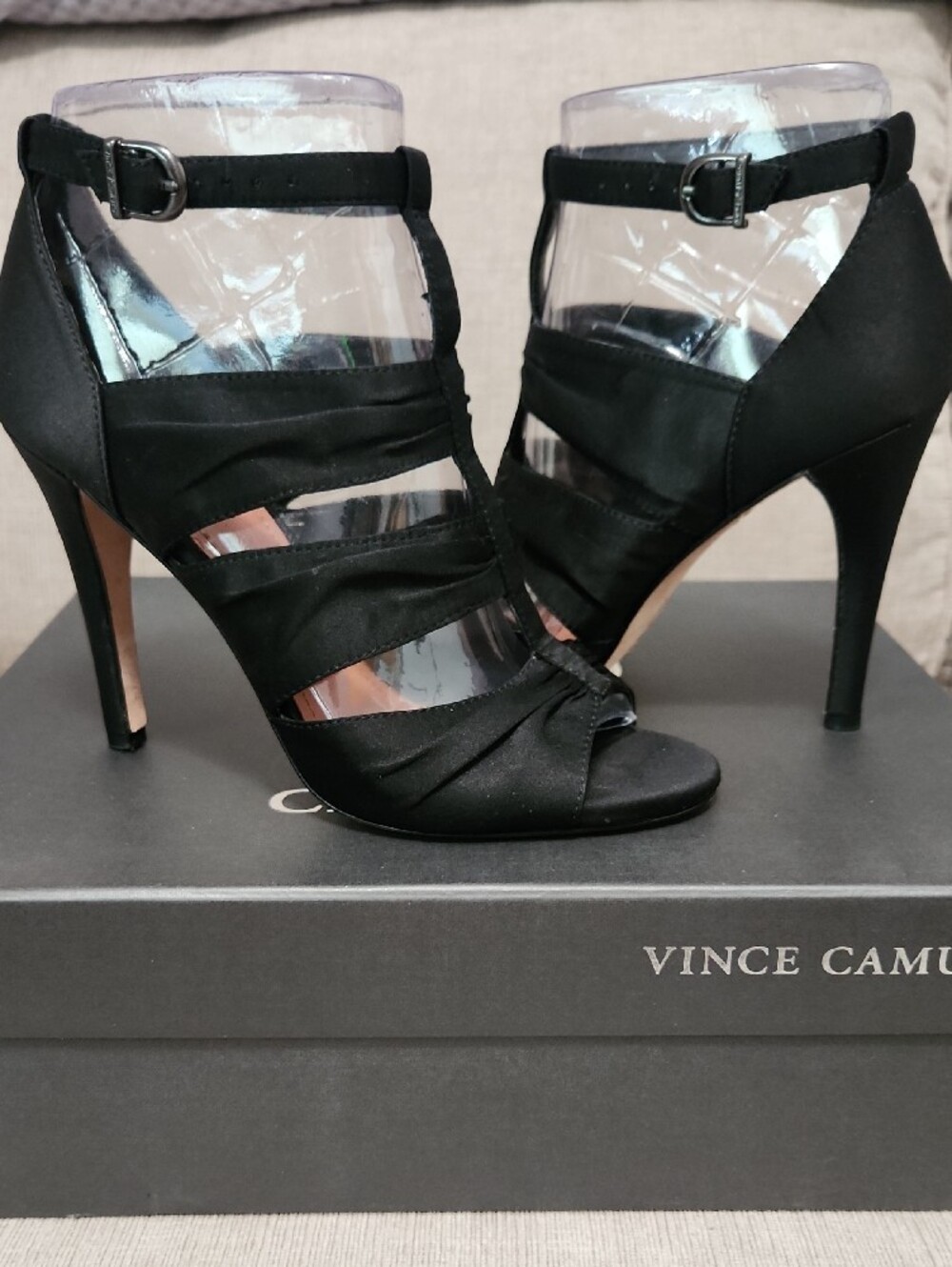 Vince Camuto Black Satin Strappy Ankle Heel